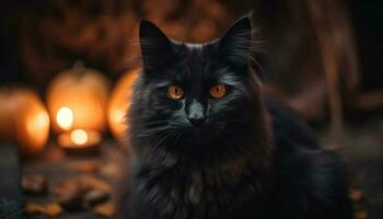 Fluffy kitten stares into pumpkin spooky beauty generated by AI photo