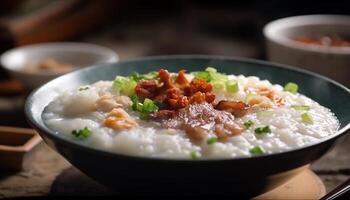 Steamed rice and vegetables, healthy vegetarian meal generated by AI photo