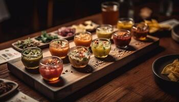 Fresco y sano gastrónomo comida en madera generado por ai foto