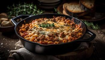 Rustic meal, cooked meat on cast iron generated by AI photo