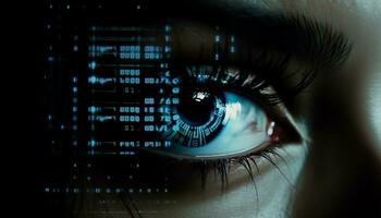 Blue eyed cyborg woman watches futuristic computer data generated by AI photo