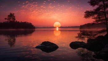 Tranquil waters edge, dark silhouette against sky generated by AI photo