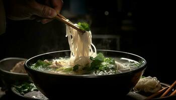 Chopsticks hold fresh vegetable soup, East Asian cuisine generated by AI photo