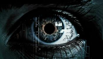 Futuristic cyborg digitally generated blue surveillance iris generated by AI photo