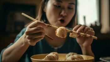 sonriente joven mujer disfrutando chino Mariscos comida generado por ai foto