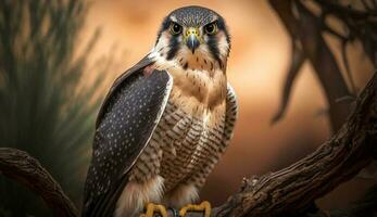 Falconry symbol majestic hunter perching on branch generated by AI photo