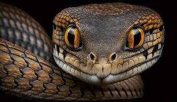 Yellow viper tongue flickers in portrait generated by AI photo