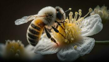 cerca arriba de un miel abeja polinizando flor generado por ai foto