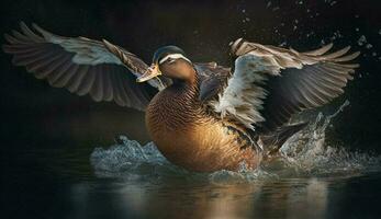 Mallard drake flying over icy winter pond generated by AI photo