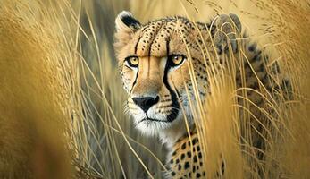 Majestic cheetah hiding watching alertness in wild generated by AI photo