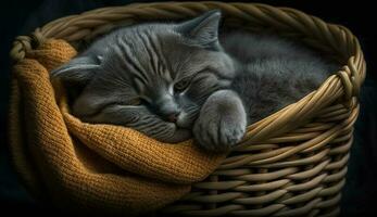 Fluffy striped kitten resting in comfortable wicker basket generated by AI photo