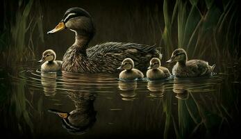 Cute ducklings swim with their mother in pond generated by AI photo