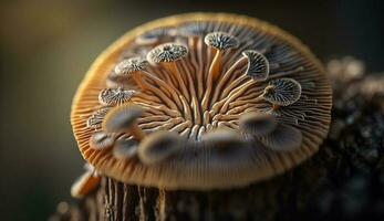 magnificado hongo branquia en el bosque generado por ai foto