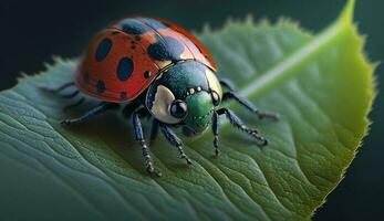 Spotted ladybug crawls on fresh green leaf generated by AI photo