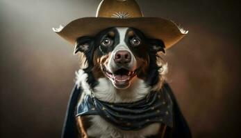 Cowboy puppy smiles for Halloween with collar generated by AI photo