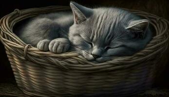 Sleeping kitten in soft wicker basket indoors generated by AI photo