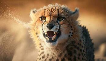 Spotted cheetah looking at camera in savannah generated by AI photo