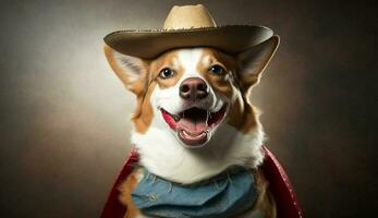 Cute terrier puppy dressed as cowboy smiles outdoors generated by AI photo