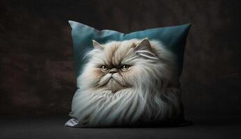 Fluffy Persian kitten relaxing on blue pillow generated by AI photo