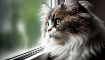 Fluffy Persian kitten stares out car window generated by AI photo