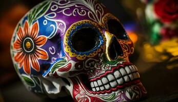 Multi colored skulls and flowers adorn the festival generated by AI photo