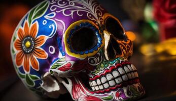 Ornate sugar skull souvenir colorful Day of the Dead generated by AI photo