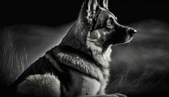 Black and white German Shepherd sits obediently outdoors generated by AI photo
