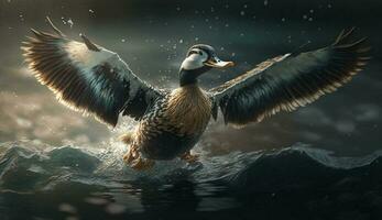 Mallard duck in mid air flying over pond generated by AI photo