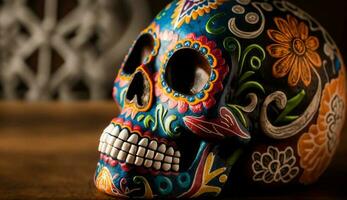 Celebration of death colorful skulls spooky souvenirs generated by AI photo