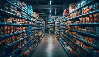 Abundance of choice in supermarket aisle shopping generated by AI photo