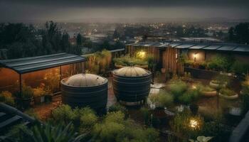 Illuminated cityscape at dusk with factory pollution generated by AI photo