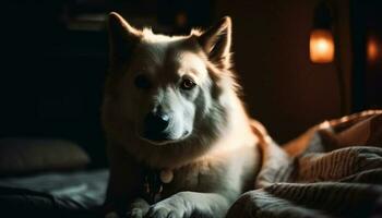 Fluffy purebred retriever lying on comfortable bed generated by AI photo