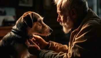 Senior man and dog share affectionate bond indoors generated by AI photo