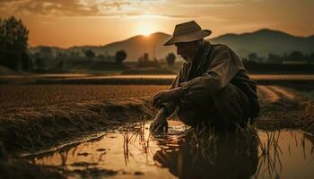 maduro granjero trabajando al aire libre, disfrutando tranquilo puesta de sol generado por ai foto