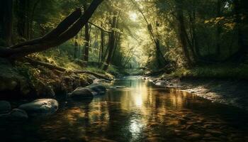 tranquilo escena de verde bosque por agua generado por ai foto