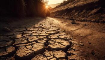 Dry dirt and broken tree in arid climate generated by AI photo