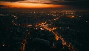 Illuminated skyline reflects city life in twilight generated by AI photo