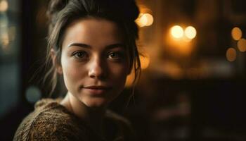 Young woman smiling, confident, and beautiful outdoors generated by AI photo