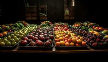 Organic fruits and veggies in colorful basket generated by AI photo