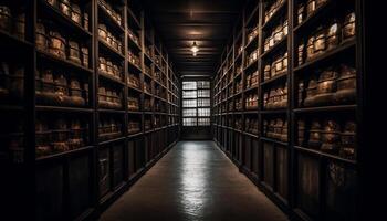 Ancient book collection in old cellar shelves generated by AI photo