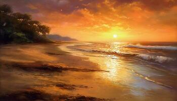 Golden sun sets over tranquil tropical seascape generated by AI photo