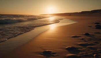 Golden sky reflects on tranquil water edge generated by AI photo