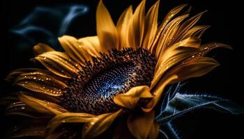 Bright yellow sunflower with dew drops on petals generated by AI photo