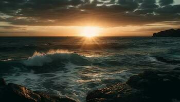 puesta de sol terminado agua, olas rotura en rocas generado por ai foto