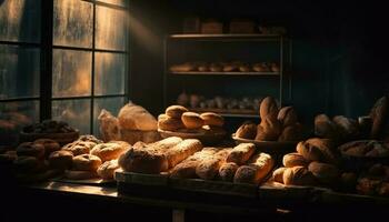 recién horneado pan, rústico y orgánico junquillo generado por ai foto