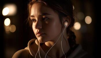 Young woman listening to music with headphones generated by AI photo