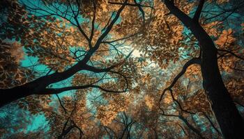 Yellow leaves on branch, autumn forest beauty generated by AI photo