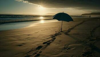 caminando en mojado arena, disfrutando verano puesta de sol generado por ai foto