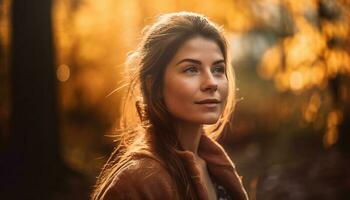 Young woman smiling in autumn forest beauty generated by AI photo