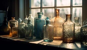 Old fashioned glass bottle on wooden table generated by AI photo